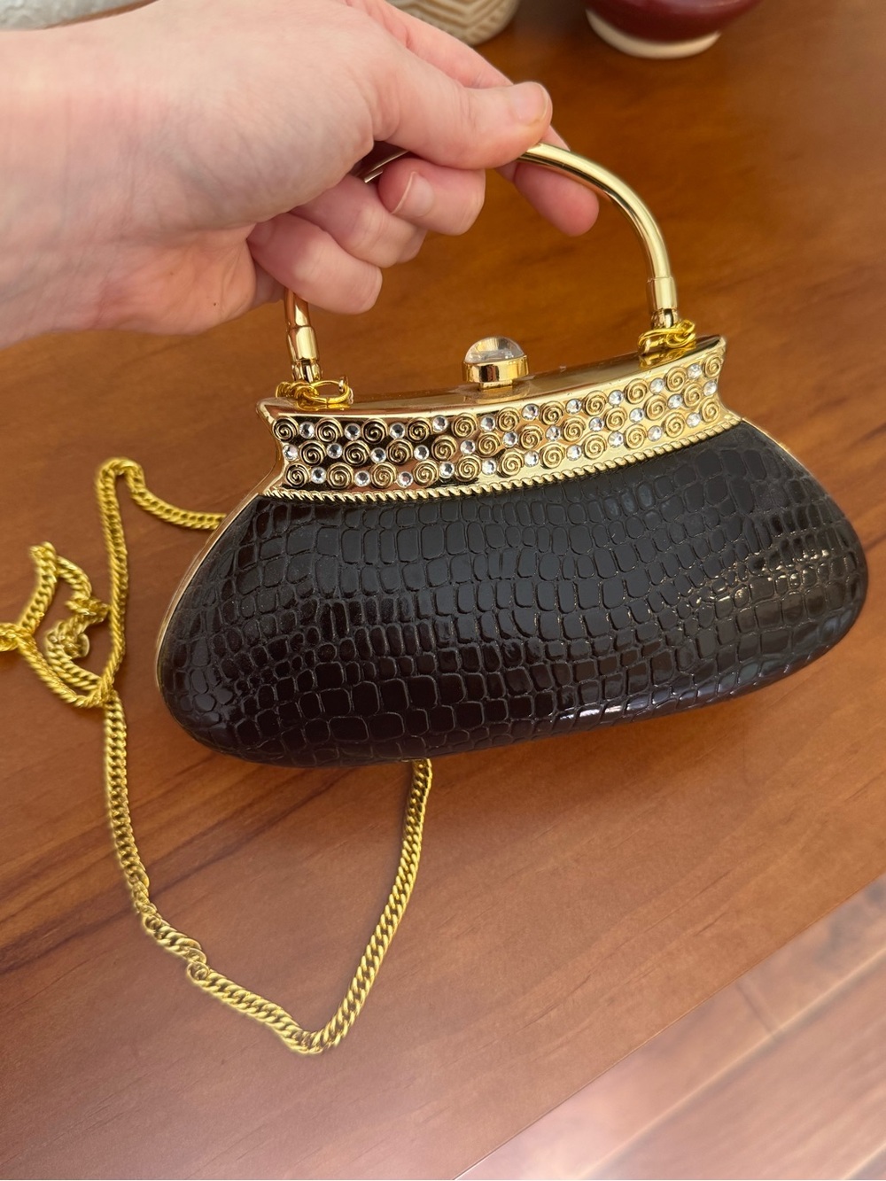 Black Croc-Embossed Evening Handbag with Gold Hardware